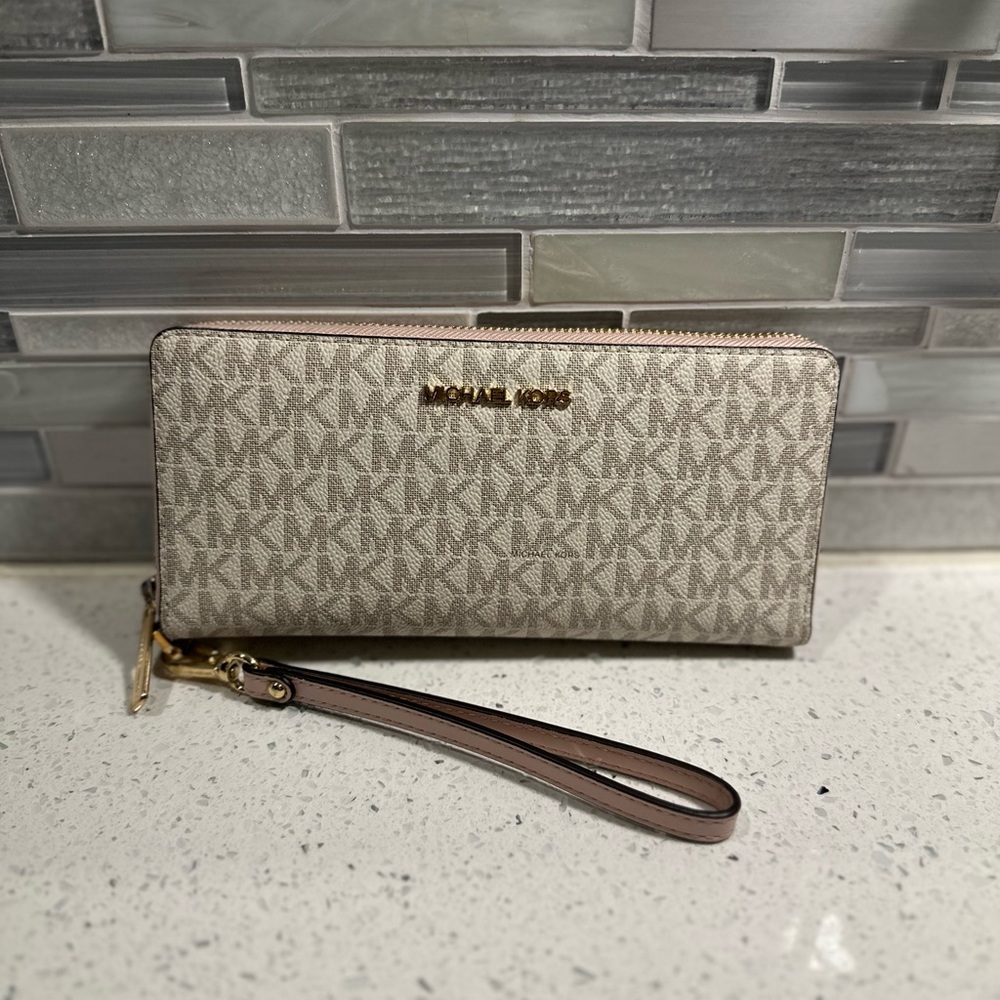 Michael Kors Monogram Wristlet in Cream and Gold